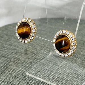 Tiger Eye Stone Round Stud Earrings, Micro-paved Zirconia Studs. Stunningly B